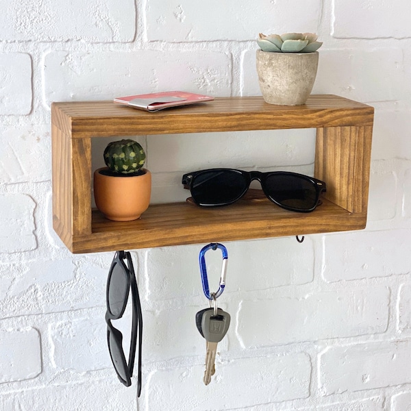 Entryway Sunglasses and Keys Organizer | Floating Entryway Shelf with Hooks