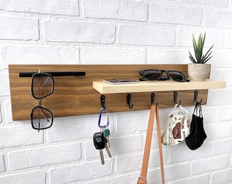 Entryway Wall Organizer | Mask Sunglasses Hook Rack | Wood Wallet Shelf Decor