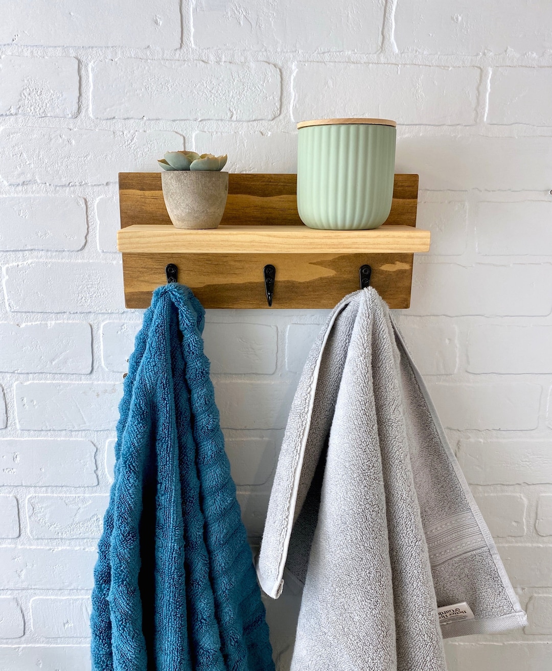 Bath Towel Shelf W/ Hooks | Wooden Bathroom Shelf | Towel Hanger - Etsy