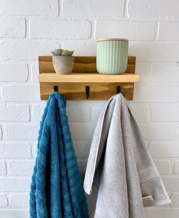 Bath Towel Shelf W/ Hooks Wooden Bathroom Shelf Towel Hanger