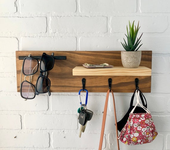 Entryway Wall Organizer Sunglasses Hook Rack Wood Wallet Mail Shelf Decor 