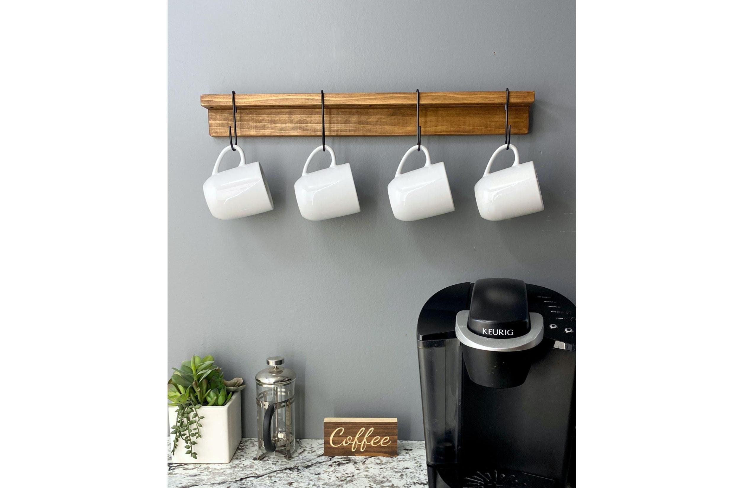 SIMVE Coffee Mug Rack Wall Mounted Modern Hanging Tea Cup Holder Metal 15.7  Inch Rail with 8 Utensil Hooks Rustic Storage Hanger for Cafe Bar Dining