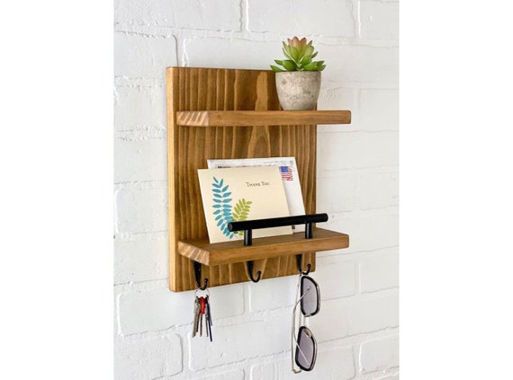 Wall Mount Key Holder With 7 Hooks - Entryway Organizer Shelf For Mail, Sunglasses & Leashes