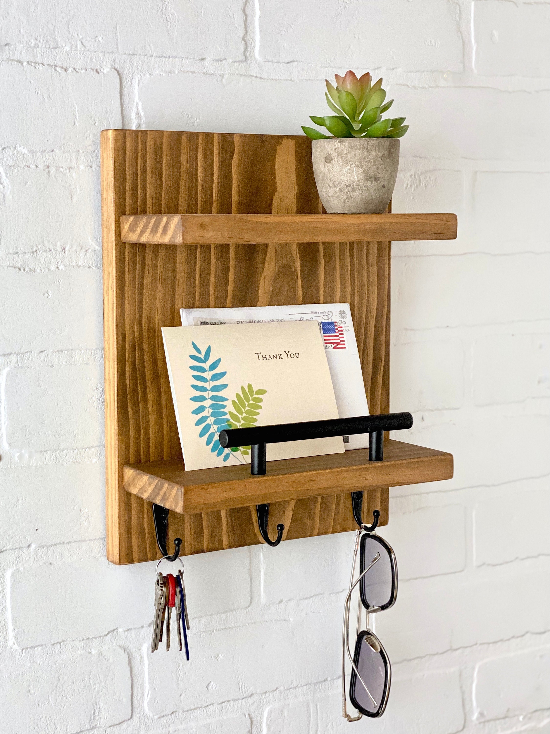 Entryway Wall Organizer Sunglasses Hook Rack Wood Wallet Mail