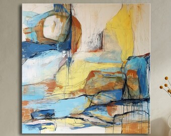 Yellow Blue Abstract Landscape Painting, Turquoise Beige Abstract Wall Decor, Minimalist Neutral Colors Wall Art, Summer Seascape on Canvas