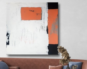 Oversize Scandinavian Abstract Painting, Neutral Minimalist Wall Decor, Orange Textured Hand Painted Wall Art, Geometrical Contemporary Art