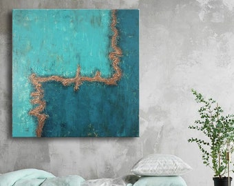 Turquoise Gold Abstract Painting, Modern Textured Hand Painted Abstract Art, Colorful Original Wall Decor, Gold Minimalist Wall Art Decor