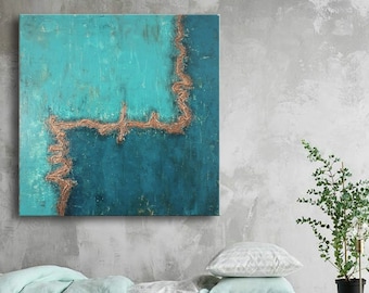 May include: Abstract painting with a teal and turquoise background and a gold metallic line. The painting is hanging on a gray wall above a bed with a light blue duvet cover.