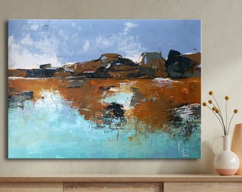 Autumn Abstract Landscape, Blue Bronze Abstract Panting, Earth Colors Wall Art, Turquoise Lake Landscape, Minimalist Neutral Wall Decoration