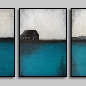 Turquoise Abstract Triptych Painting, Original Blue Teal Wall Decor, Minimalist Hand Painted Landscape, Abstract Silhouette Contemporary Art image 2