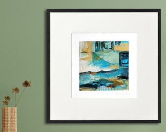 Paesaggio astratto blu turchese, parete minimalista colorata o arredamento da scrivania, piccolo astratto incorniciato beige blu, arte della parete di colori neutri della terra
