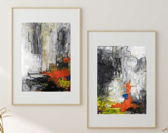 Grey Orange Abstract Painting, Original Diptych Modern Wall Art, Minimalist Acrylic on Paper, Textured Wall Desk Decor, Framed Abstract Art