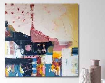 Pittura astratta multi colore, decorazione murale geometrica blu rosa, arte murale minimalista colorata, paesaggio urbano astratto moderno su tela ruvida