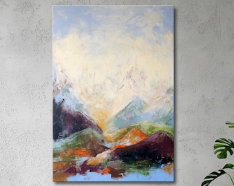 Pittura di montagna colorata, arte della parete del paesaggio astratto originale, rappresentazione minimalista delle Alpi su tela, arte astratta dell'orizzonte blu