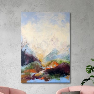 Colorful Mountain Painting, Original Abstract Landscape Wall Art, Minimalist Representation of The Alps on Canvas, Blue Skyline Abstract Art