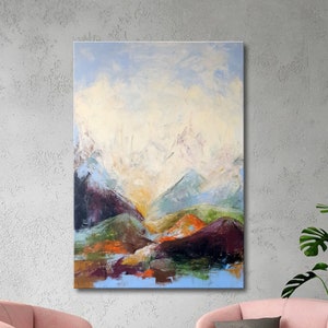 Colorful Mountain Painting, Original Abstract Landscape Wall Art, Minimalist Representation of The Alps on Canvas, Blue Skyline Abstract Art image 1