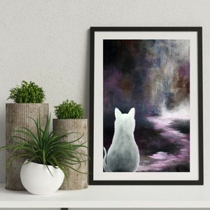 minimalistische witte kat abstract schilderij, huisdier silhouet kunst aan de muur, originele kinderkamer kunst, handgeschilderde muur decor, moderne paarse kunstwerken