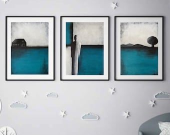 Turquoise Abstract Triptych Painting, Original Blue Teal Wall Decor, Minimalist Hand Painted Landscape, Abstract Silhouette Contemporary Art
