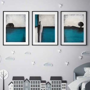 Turquoise Abstract Triptych Painting, Original Blue Teal Wall Decor, Minimalist Hand Painted Landscape, Abstract Silhouette Contemporary Art image 1