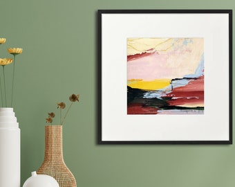 Morbido pastello moderno da parete o da scrivania, paesaggio astratto su carta con tappetino, pittura originale rosa e beige, arte della parete astratta minimalista