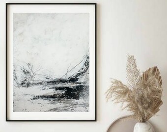 Black and White Minimalist Abstract Landscape, White Winter Landscape Wall Decor, Large White Nordic Abstract, Original Fine Art Gift Idea