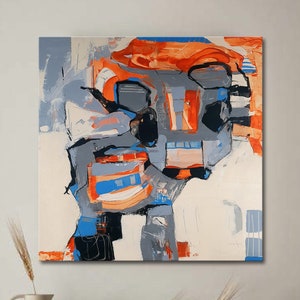 Colorful Cow Abstract Painting, Orange Gray Figurative Abstract Wall Art, Blue Orange Kids Room Wall Decor, Minimalist Little Cow on Canvas image 1