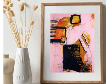 Pittura minimalista arancione rosa, Boot Illustration Fine Art, Electric Pink Abstract Wall Decor, Modern Urban Abstract Wall Art, Framed Art