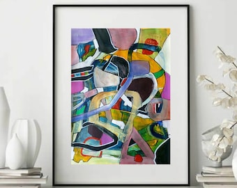 Multi Color Geometric Abstract Wall Art, Rainbow Colors Original Painting, Minimalist Framed Abstract Art, Soft Pastel Modern Art Wall Decor