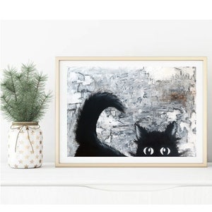 Original Pet Portrait, Black Cat Painting, Black White Framed Wall Art, Abstract Figure Artwork, Minimalist Cat Silhouette Kids Desk Decor