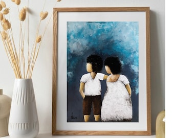Boy and Girl Silhouette Painting, Abstract Figures Wall Art, Children Portrait Framed Art, Minimalist Decor for Kids Room, Wedding Gift
