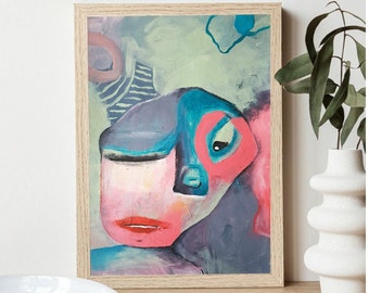 Whimsical Character Painting, Colorful Cubist Portrait, Figurative Abstract Wall Desk Decor, Pink Green Framed Wall Art, Mystical Figure Art