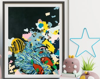 Wildlife Illustration on Paper, Colorful Fish in the Sea Painting, Deep See Landscape, Ocean Fauna and Flora Wall Art, Kids Room Wall Decor