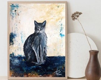 Personalized Pet Portrait, Prussian Blue Cat Painting, Blue Gray White Abstract Wall Art, Cat Silhouette Minimalist Art, Kids Room Decor