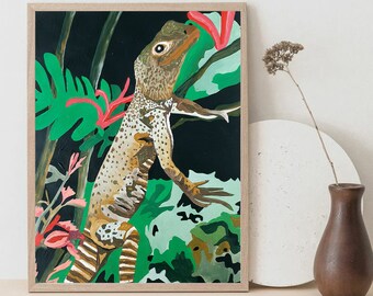 Wildlife Illustration on Paper, Iguana in the Jungle Painting, Green and Pink Landscape, Wild Animals Wall Art, Kids Room Wall or Desk Decor