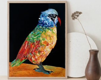 Pittura colorata di uccelli, arte della parete del pappagallo multicolore, illustrazione della fauna selvatica su carta, arte animale dei colori dell'arcobaleno, decorazione della parete o della scrivania della stanza dei bambini
