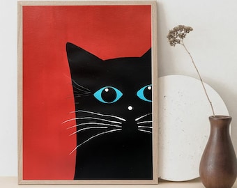 Black Cat Geometric Painting, Playful Kids Room Desk or Wall Decor, Abstract Pet Figure Wall Art, Personalized Animal Portrait, Framed Decor