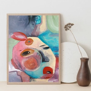 Retrato cubista colorido, arte mural de personajes caprichosos, pintura de figuras de fantasía, arte mural de personas místicas, decoración de pared abstracta figurativa