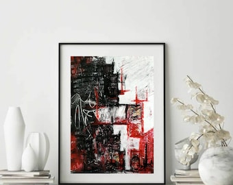 Black and Red Abstract Painting, Black and White Minimalist Wall or Desk Decor, Original Hand Painted Abstract Art, Modern Framed Wall Art