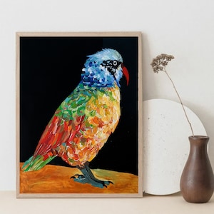Pittura colorata di uccelli, arte della parete del pappagallo multicolore, illustrazione della fauna selvatica su carta, arte animale dei colori dell'arcobaleno, decorazione della parete o della scrivania della stanza dei bambini