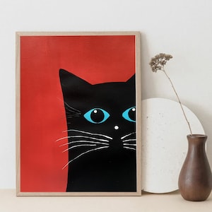 Zwarte kat geometrisch schilderij, speels kinderkamer bureau of wand decor, abstracte huisdier figuur kunst aan de muur, gepersonaliseerde dieren portret, ingelijst decor