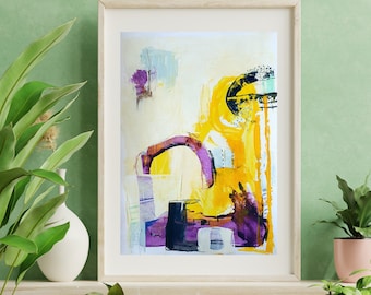 Indian Yellow Purple Original Wall Decoration, Bright Yellow Abstract Painting, Minimalist Colorful Wall Art, Framed Urban Abstract Fine Art