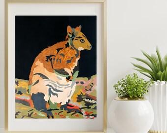 Wildlife Illustration on Paper, Marsupial Animal Painting, Green, Beige, Brown Landscape, Wild Animal Wall Art, Kids Room Wall or Desk Decor