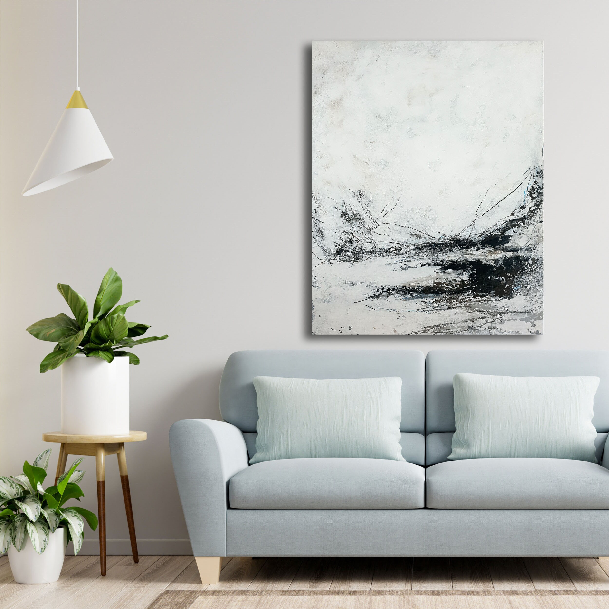 Black and White Abstract Landscape Painting: Minimalist Nordic Wall ...