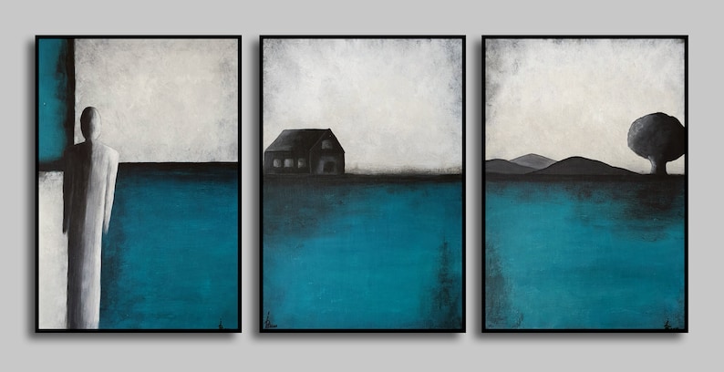 Turquoise Abstract Triptych Painting, Original Blue Teal Wall Decor, Minimalist Hand Painted Landscape, Abstract Silhouette Contemporary Art image 2