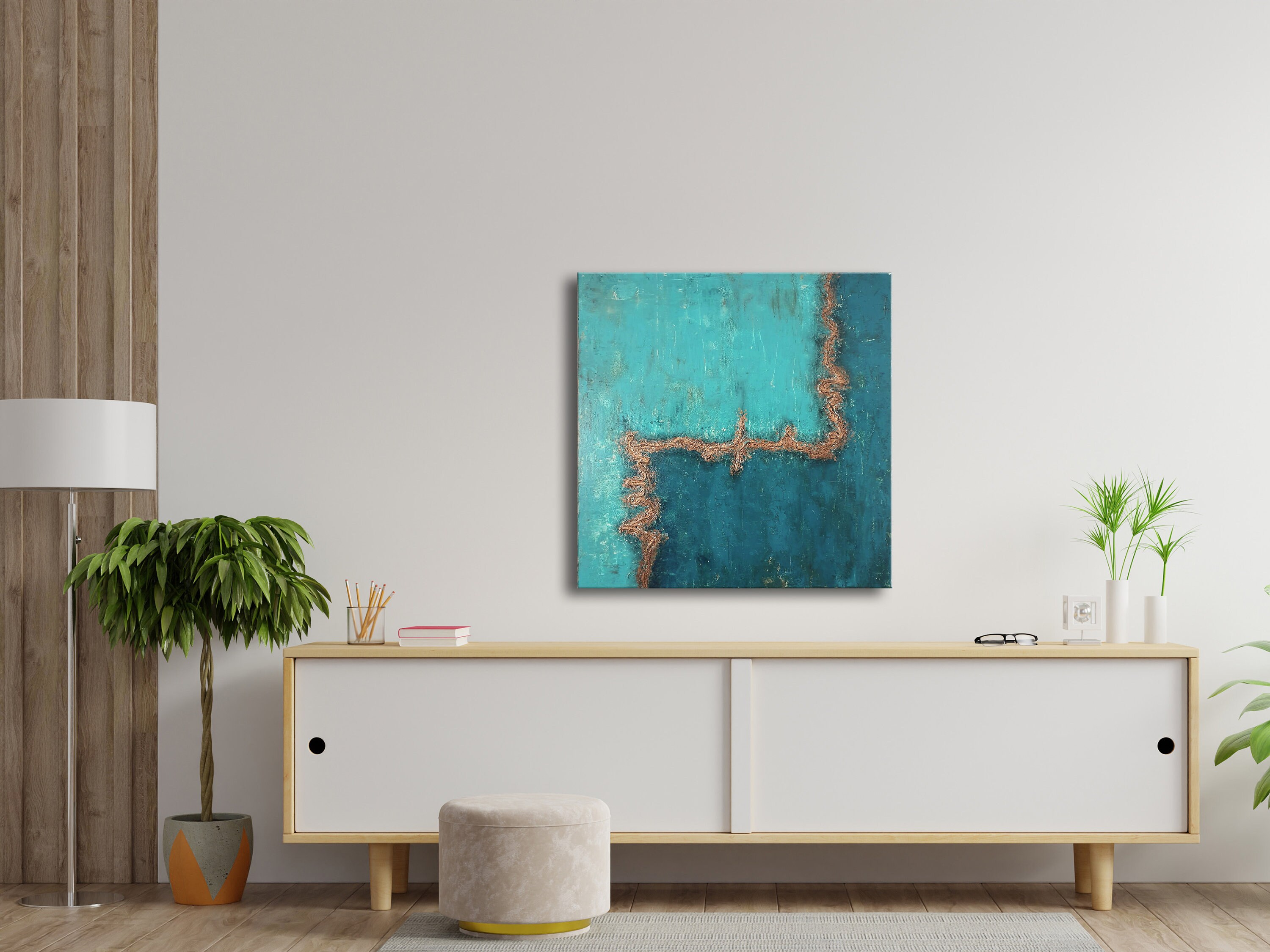 ターコイズゴールドの抽象画：テクスチャのあるモダンな壁アート