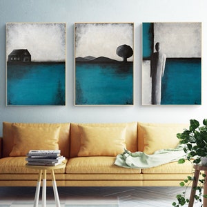 Turquoise Abstract Triptych Painting, Original Blue Teal Wall Decor, Minimalist Hand Painted Landscape, Abstract Silhouette Contemporary Art image 7