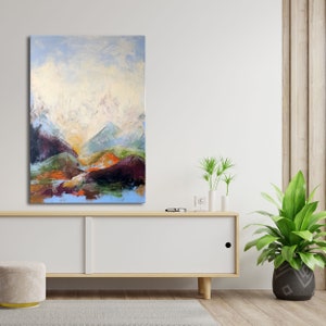 Colorful Mountain Painting, Original Abstract Landscape Wall Art, Minimalist Representation of The Alps on Canvas, Blue Skyline Abstract Art image 5
