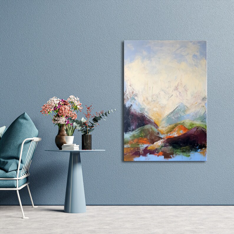 Colorful Mountain Painting, Original Abstract Landscape Wall Art, Minimalist Representation of The Alps on Canvas, Blue Skyline Abstract Art image 8