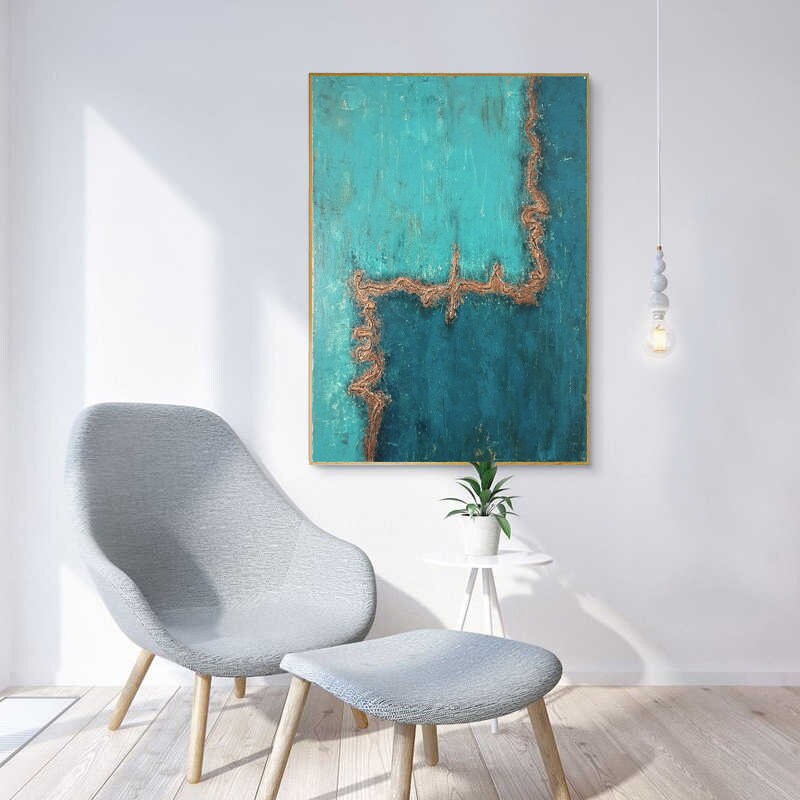 ターコイズゴールドの抽象画：テクスチャのあるモダンな壁アート