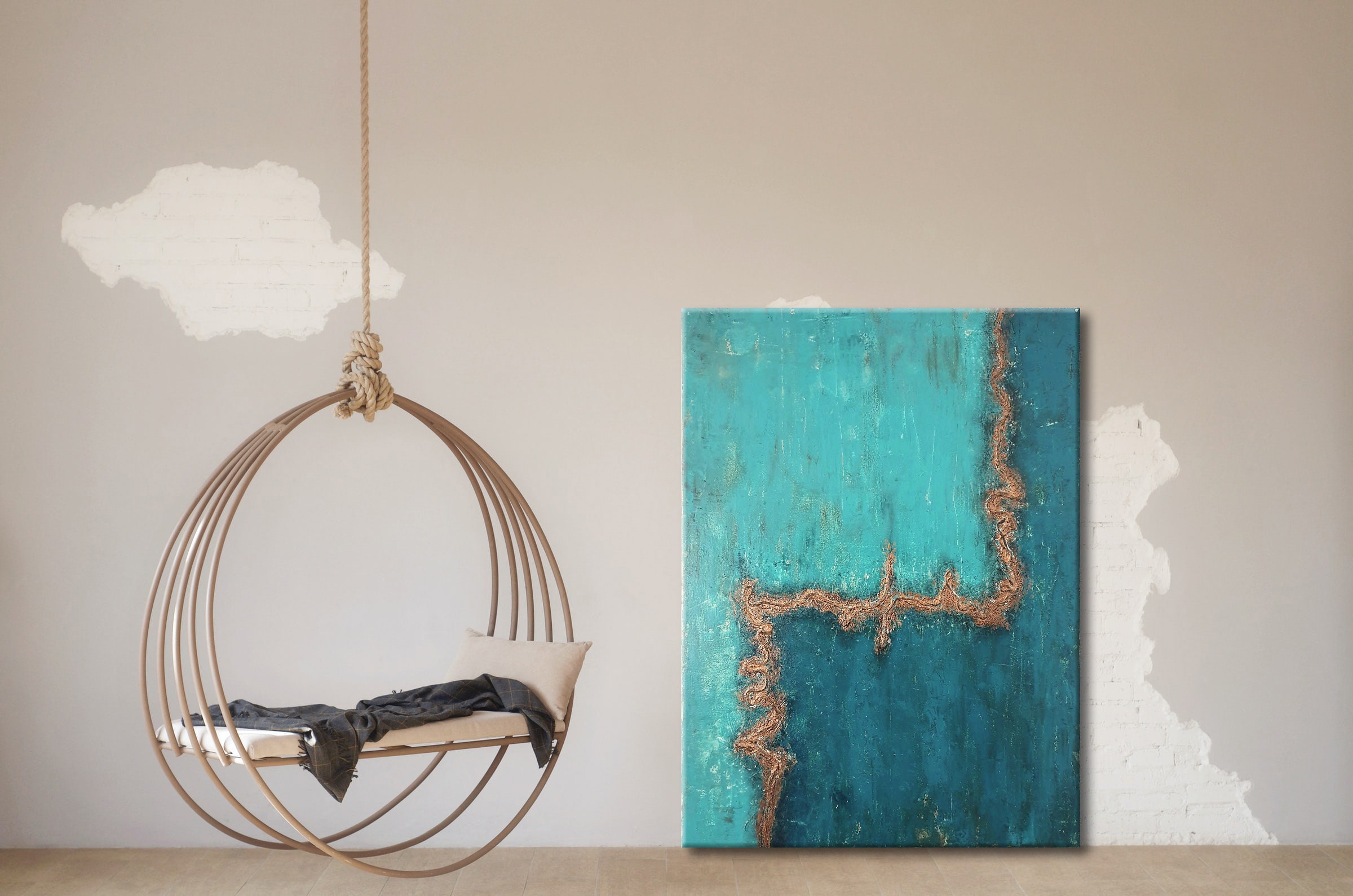 ターコイズゴールドの抽象画：テクスチャのあるモダンな壁アート